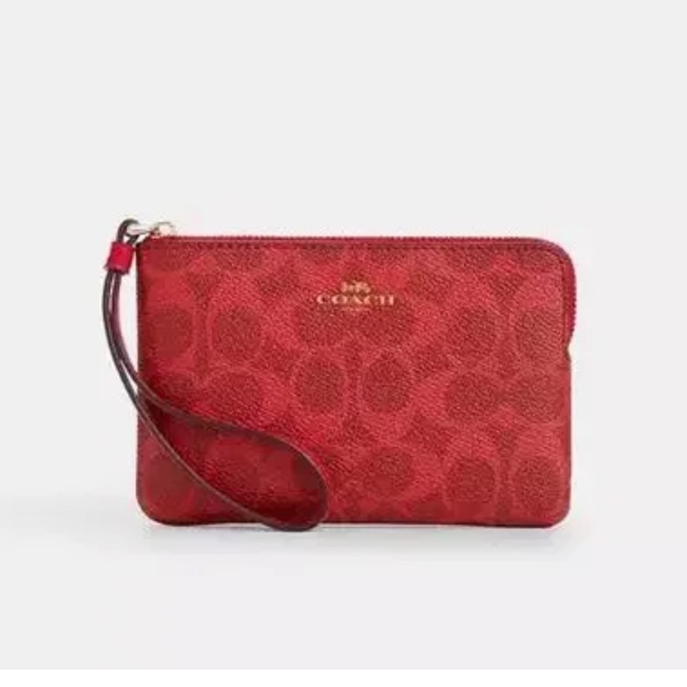 NWT Coach CAQ75 Corner Zip Wristlet In Signature Canvas In Gold/ Bold Red ❤️❤️